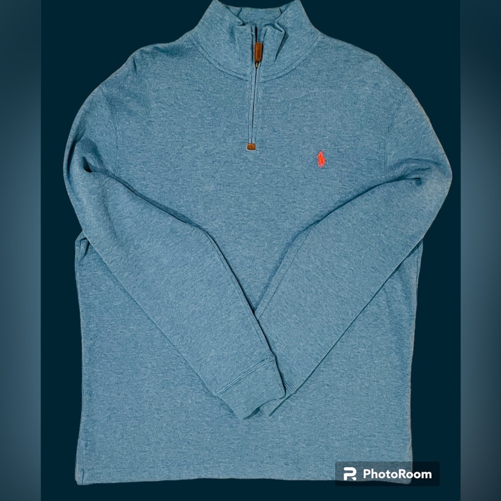 Men’s Large teal blue Ralph Lauren Polo half zip pullover. Side slits.